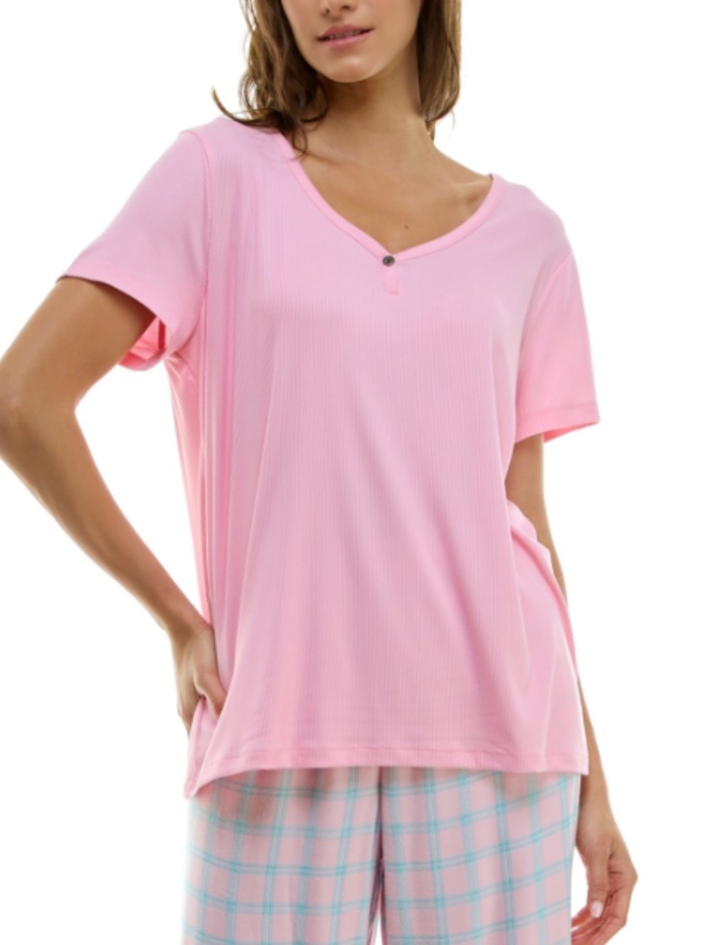 Roudelain Women S Short-Sleeve Ribbed Henley Sleep Top - Orchid Pink Sze Large